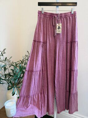 EASEL MINERAL WASHED TIERED PANTS 100% COTTON
